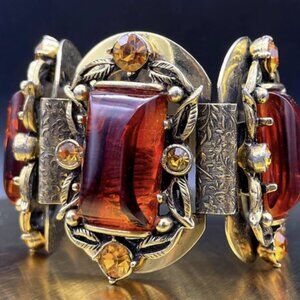 Vintage 1950s Selro Art Deco Tortoise Shell Lucite Bracelet Gold Tone & Stones